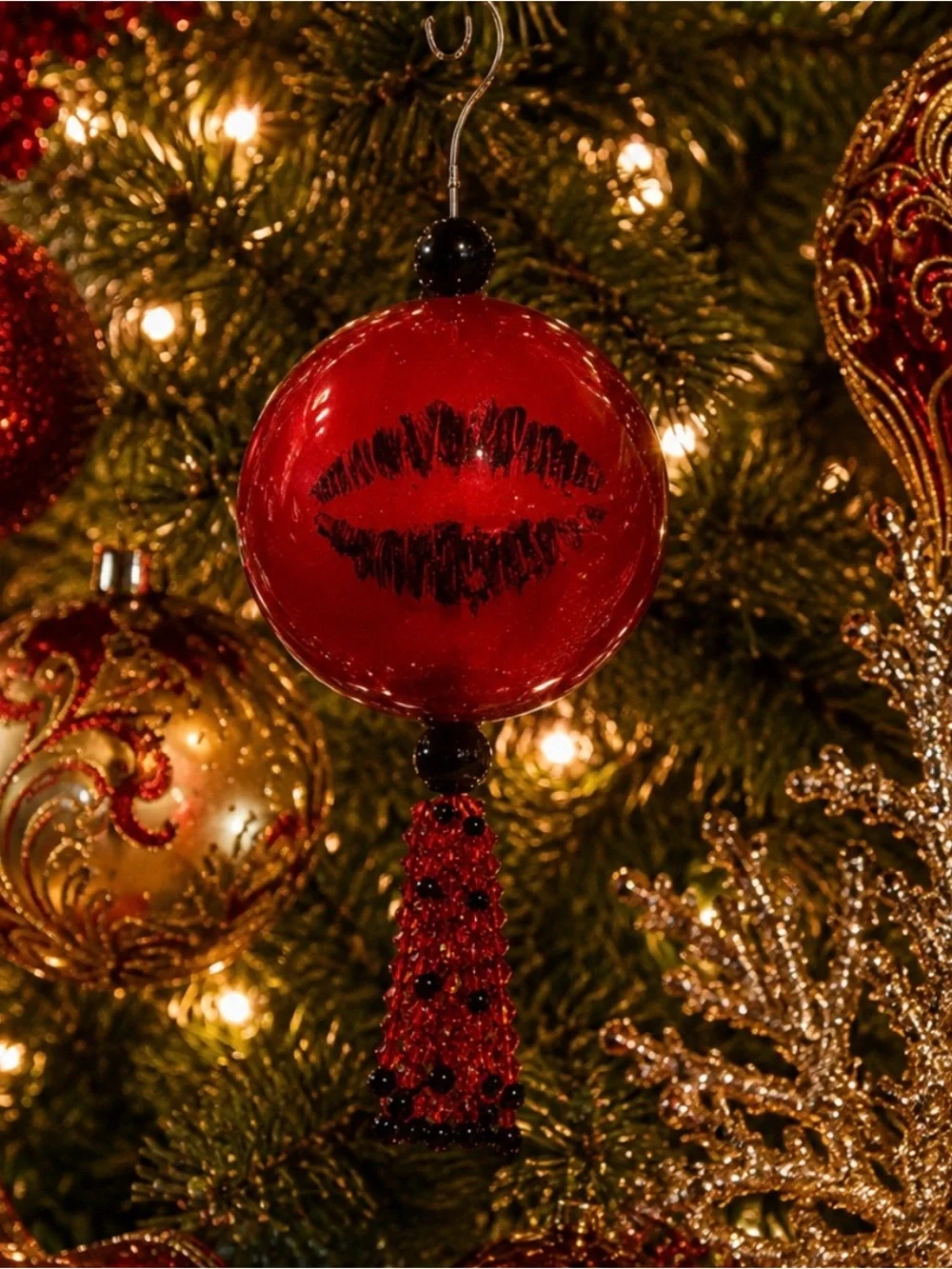 Lolita Flirtini Holiday Bauble Red Glass Ornament Beaded Tassel w/ Box